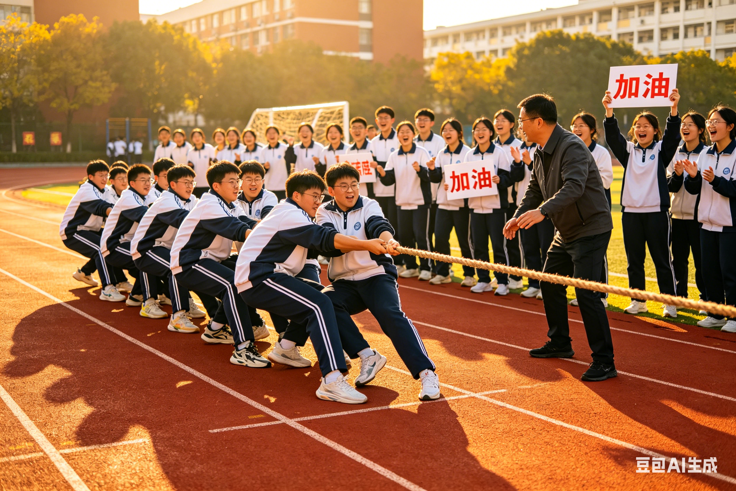 操场上拔河比赛，气氛热烈